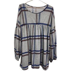Egs California Womens BOHO Babydoll Sweater Dress XL Gray Plaid Bishop Sleeve